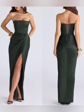 House of CB CARELLE ❤️ Emerald Satin Strapless Maxi Dress S NWT